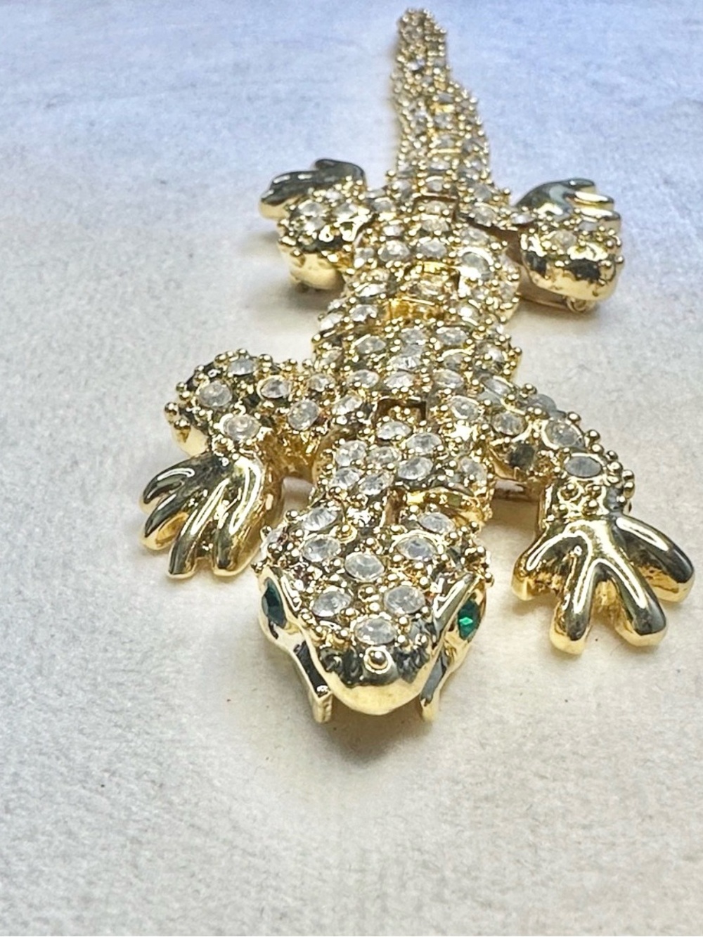 7” Dead-Stock Gold-Plated Vintage Articulated Crystal Lizard Brooch w/Green Eyes